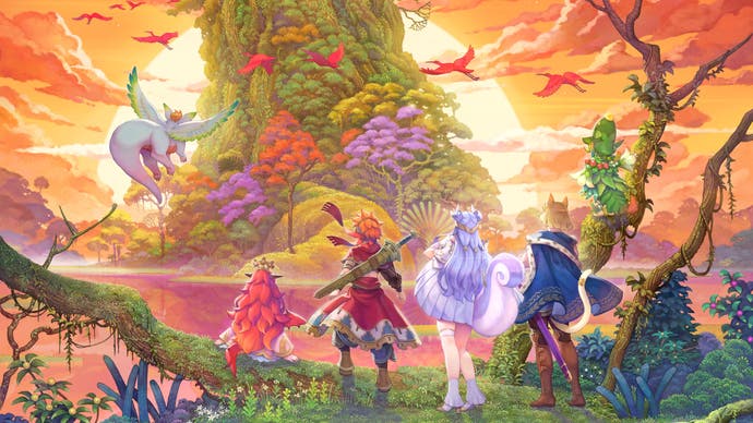 Die Anime-Charaktere von Visions of Mana stehen da und blicken auf einen riesigen bunten Baum mit Sonnenuntergang