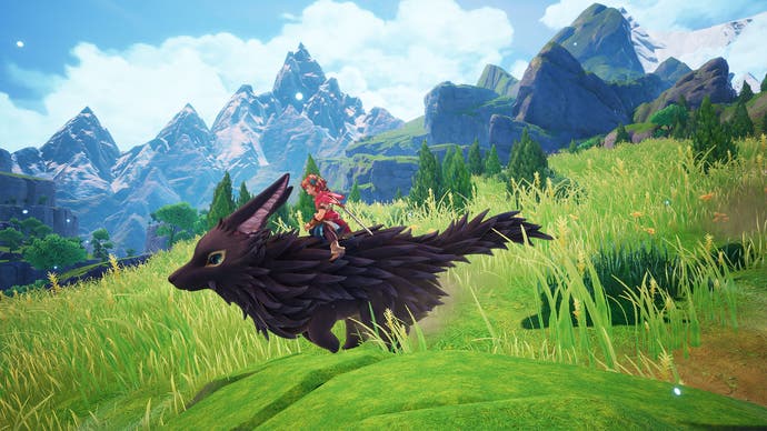 Der Protagonist von Visions of Mana reitet auf einer schwarzen Terrier-ähnlichen Kreatur auf einer riesigen grünen Wiese