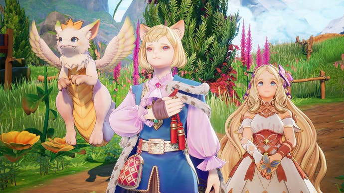 Drei Charaktere aus Visions of Mana: eine fliegende drachenartige Kreatur, ein Katzenjunge mit blonden Haaren und ein magisches junges Mädchen mit langen blonden Haaren