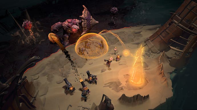 Screenshot von „As We Descend“, der eine felsige Landschaft mit riesigen menschlichen Charakteren zeigt, die Panzerfäuste auf große außerirdische Monster abfeuern