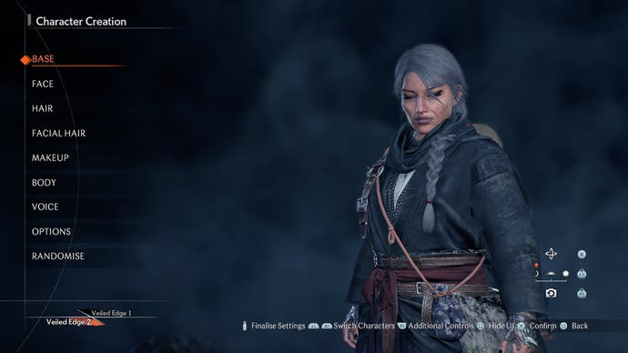 Vorschau-Screenshot des Charaktererstellers „Rise of the Ronin“, mit der grauhaarigen weiblichen Figur rechts und den Einstellungen links
