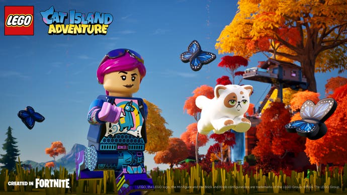 Kunstwerk, das eine Lego-Figur und eine Katze aus dem Lego Fortnite-Minispiel Cat Island Adventure zeigt.