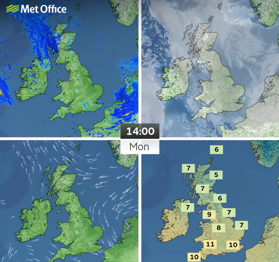 Die Vorhersage des Met Office für Montagnachmittag zeigt etwas Regen für Schottland und vereinzelte Gebiete in England