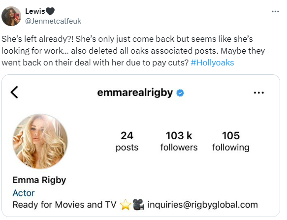 Einem Hollyoaks-Fan fiel auf, dass die Soap auf Emmas Social-Media-Seiten nicht erwähnt wurde