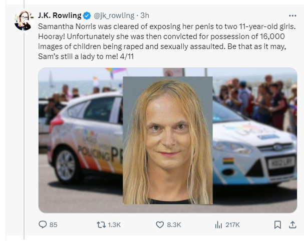 JK erwähnte auch Samantha Norris, die inhaftiert wurde, nachdem sie ihren Penis zwei 11-jährigen Mädchen gezeigt hatte