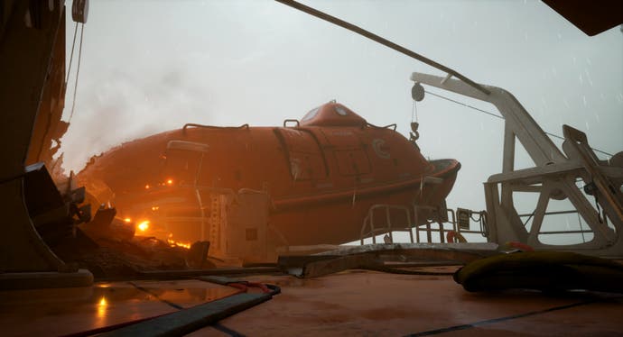 Ein orangefarbenes Rettungsboot, das in diesem Screenshot von Still Wakes The Deep zu sehen ist.