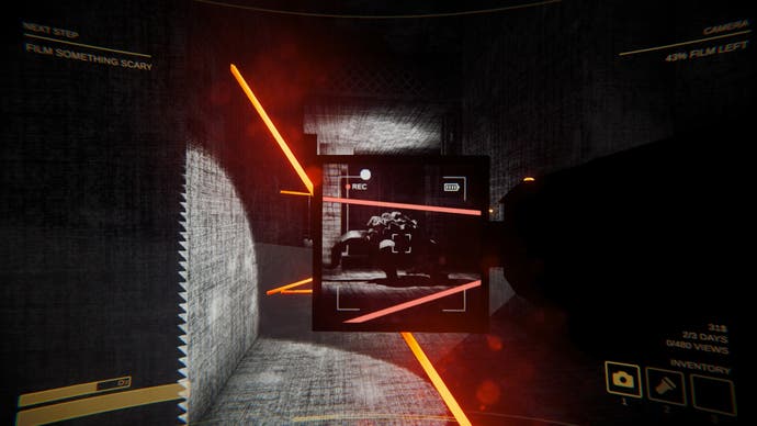 Screenshot mit Inhaltswarnung, der einen unterirdischen Betonbereich mit orangefarbenen Laserstrahlen zeigt