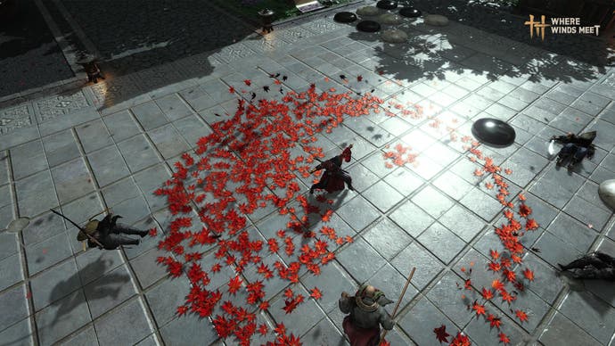 Screenshot „Where Winds Meet“ zeigt einen Krieger im Steintempel, umgeben von roten Blättern, der gegen Feinde kämpft