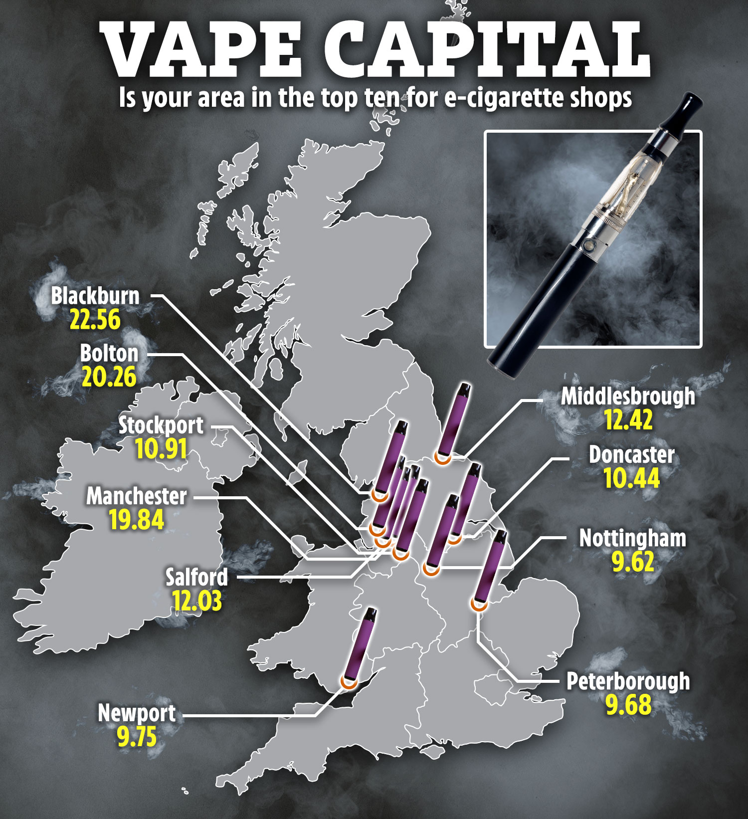 Eine Karte zeigt die Gebiete mit den meisten E-Zigaretten-Läden