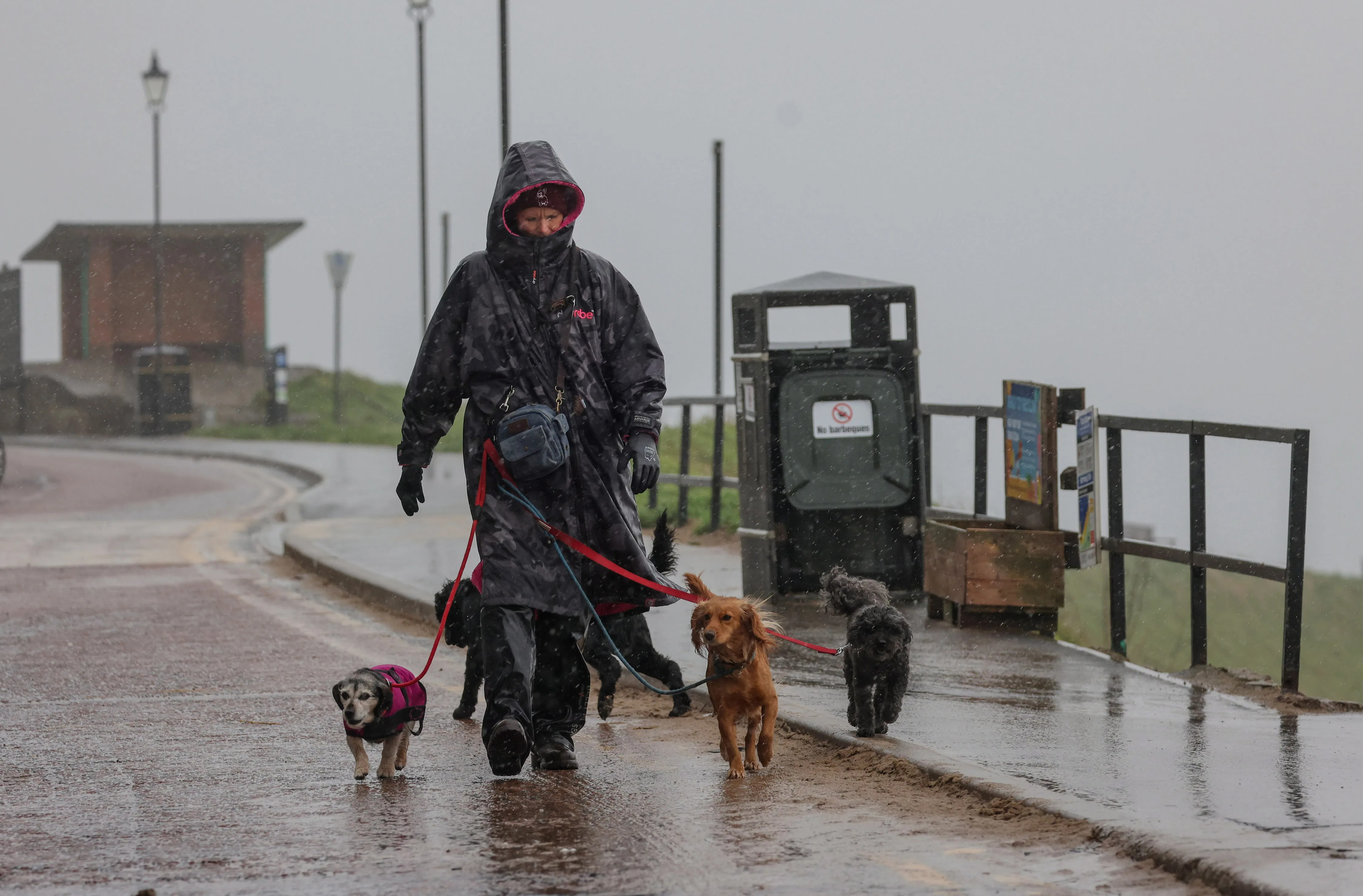 Strandbesucher trotzen den Elementen, als gestern in Tynemouth, North Tyneside, heftiger Regen fiel