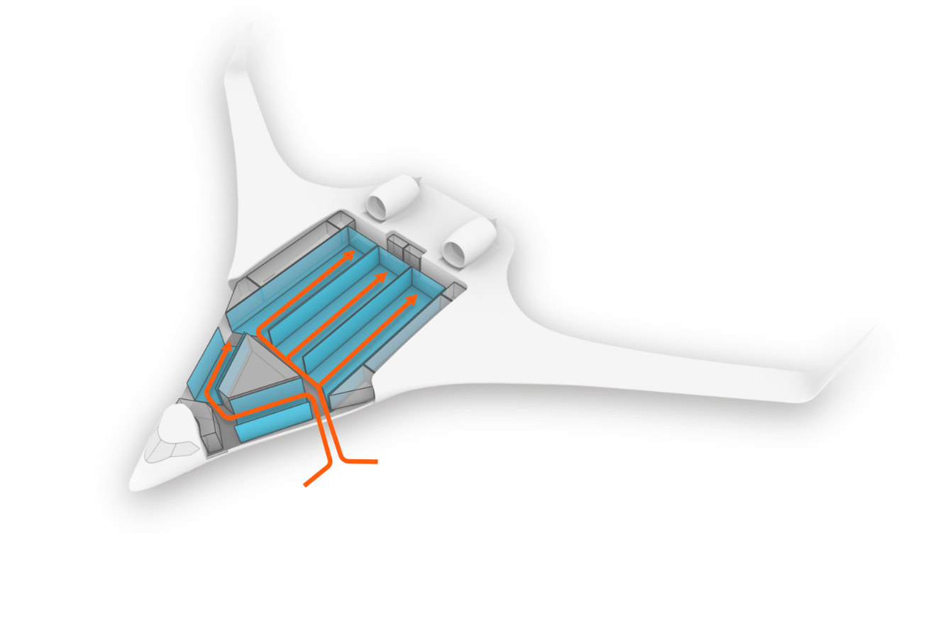Der Mischflügelkörper des Flugzeugs reduziert den Luftwiderstand und erhöht die Treibstoffeffizienz