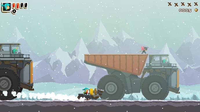 Der Held von Pepper Grinder fährt mit einem Skidoo zwischen riesigen Lastwagen auf einer vereisten Straße hindurch.