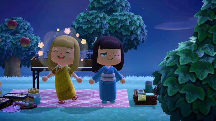 Zwei Spieler genießen ein nächtliches Picknick in Animal Crossing