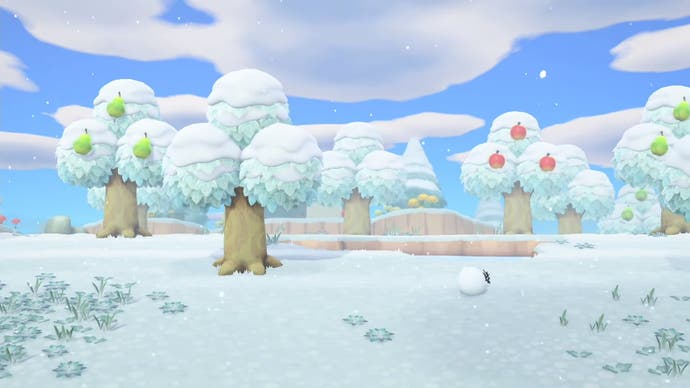 Animal Crossing-Schnee – eine Winterszene mit Schnee in den Bäumen.