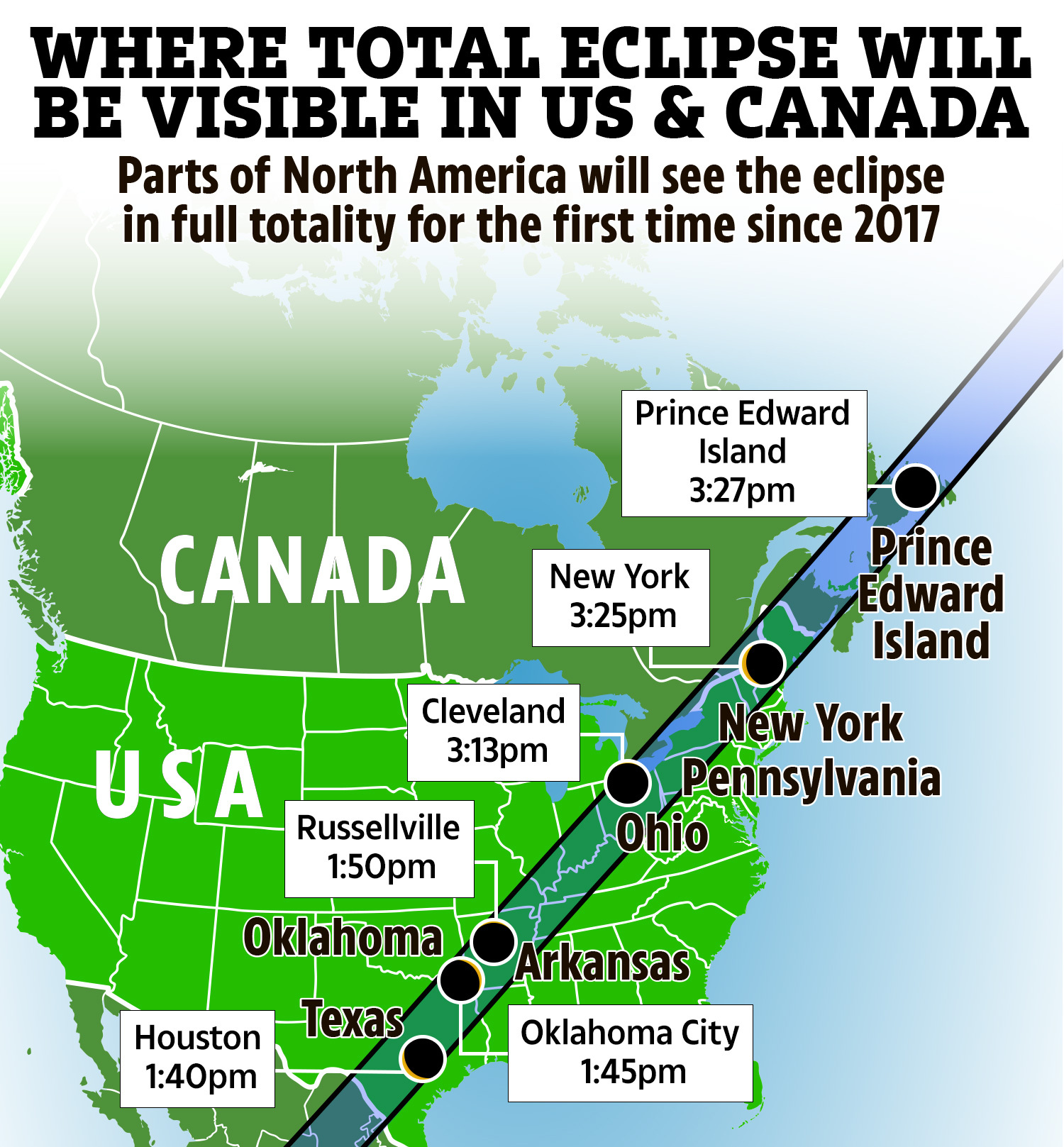 Der Verlauf der totalen Sonnenfinsternis in den USA und Kanada