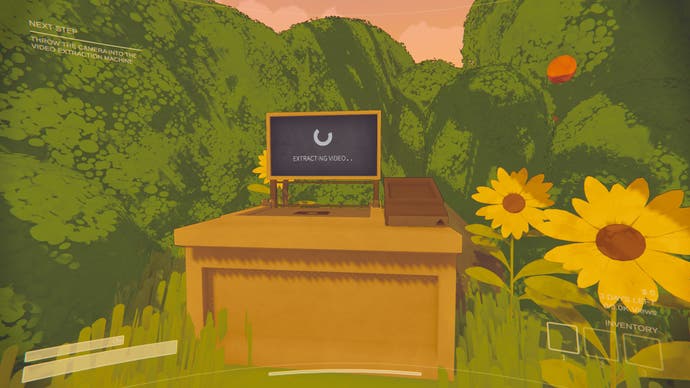 Der Screenshot mit der Inhaltswarnung zeigt einen Computermonitor mit einem Ladebildschirm vor grünen Büschen und gelben Blumen.
