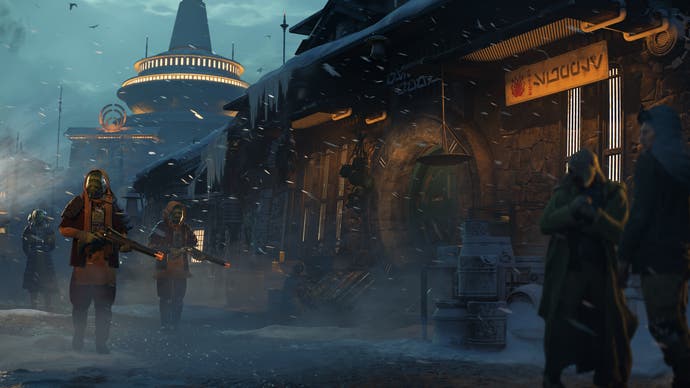 Star Wars Outlaws-Screenshot, der die Außenseite einer Cantina-Bar auf einer Straße auf einem außerirdischen Planeten zeigt.