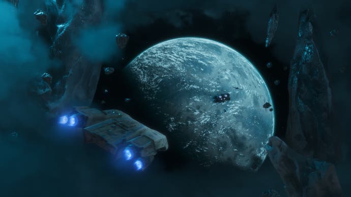 Screenshot von Star Wars Outlaws, der ein Raumschiff zeigt, das sich einem Planeten in der Ferne nähert.