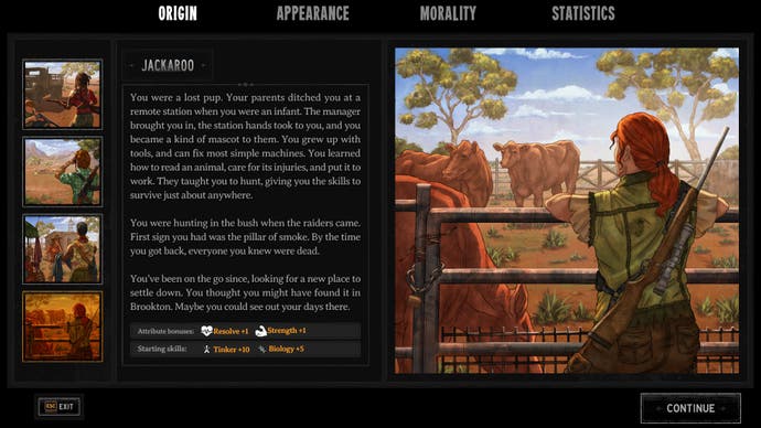 Screenshot von Broken Roads, der den „Jackaroo“-Hintergrund bei der Charakterbildung zeigt