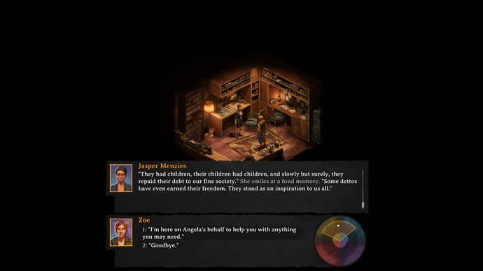 Screenshot von Broken Roads, der zeigt, wie Jasper „Dettos“ definiert, und die verfügbare Antwort, dass Sie für eine Besorgung da sind.