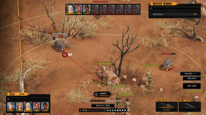 Screenshot von Broken Roads, der eine rundenbasierte Kampfansicht zeigt und jemanden, der mit einem Scharfschützen auf einen großen Wombat zielt