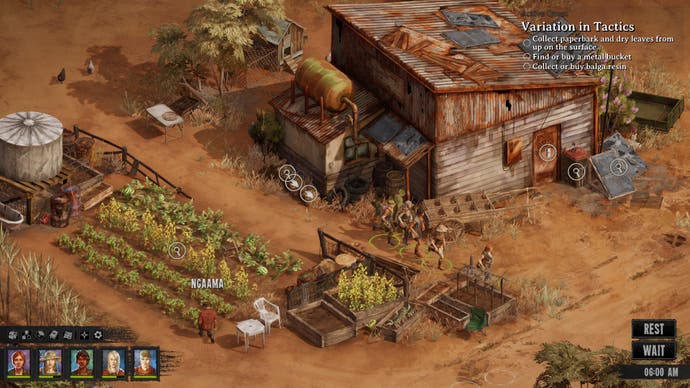 Screenshot von Broken Roads, der eine Siedlung mit einem gepflegten Garten zeigt