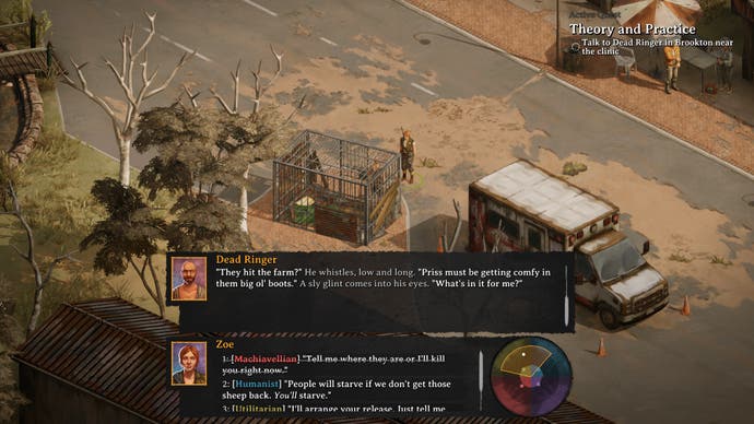 Screenshot von Broken Roads mit Dialogoptionen, wobei eine machiavellistische Option durchgestrichen und nicht verfügbar ist