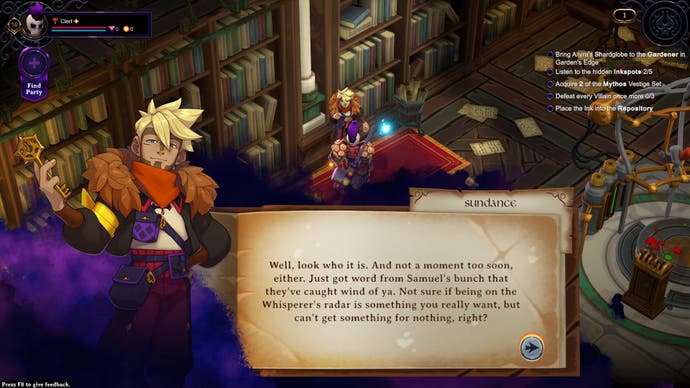Dialog mit einem Charakter in Inkbound.  Neben einem Textfenster erscheint eine Illustration mit einem sprechenden Kopf.