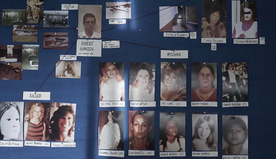 A map featuring photos of Hansen's victims with string pointing to where they were found