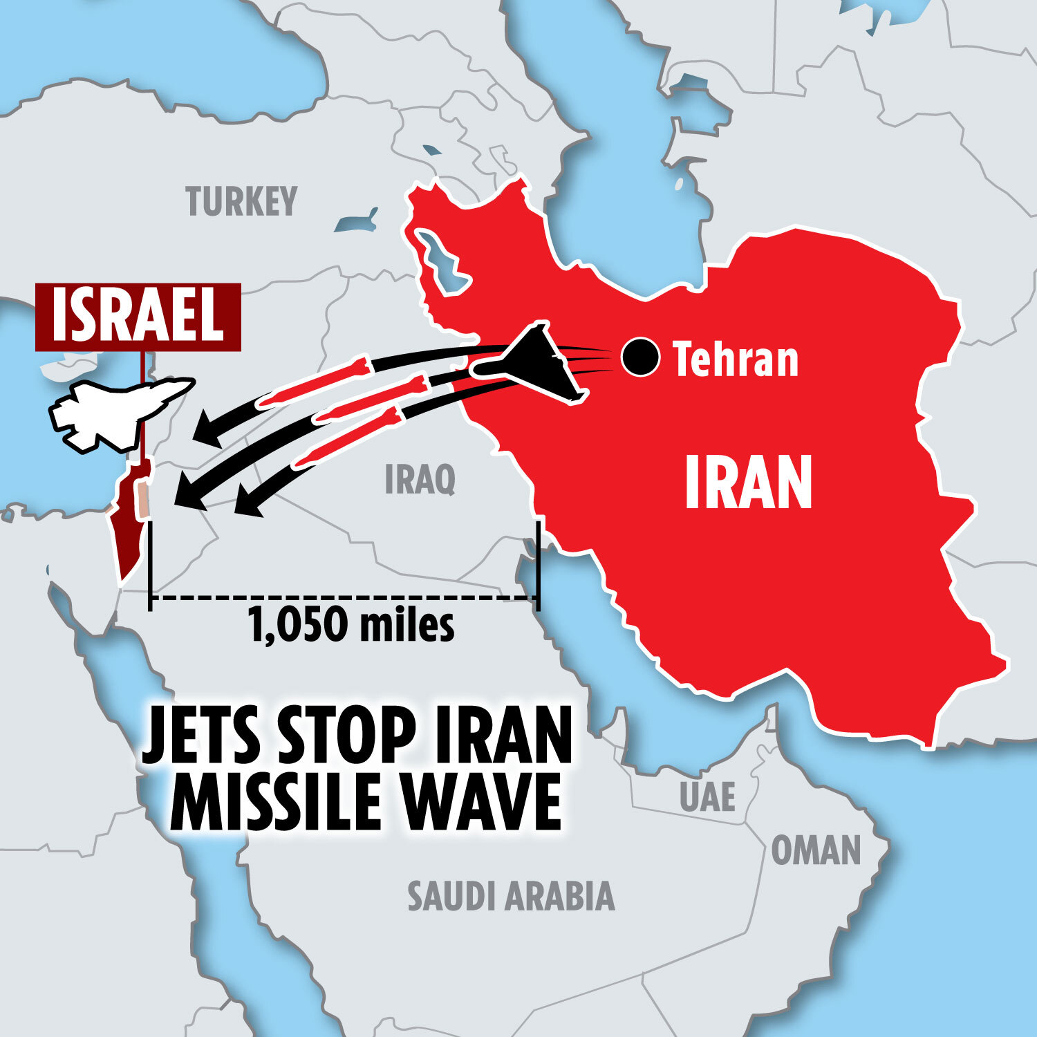 Eine Karte, die zeigt, wie die RAF dazu beigetragen hat, die Raketen abzufangen, die der Iran nach Israel geschickt hat