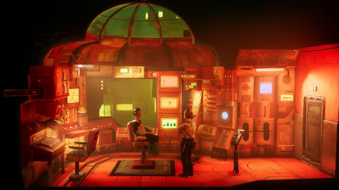 Screenshot von Harold Halibut, der ein in orangefarbenes Licht getauchtes Diaorama des Zimmers des Kapitäns zeigt