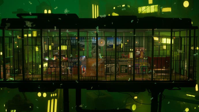 Harold Halibut-Screenshot, der das Arcade-Viertel von außen zeigt