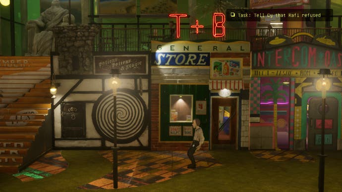 Harold Halibut-Screenshot, der einen Teil des Arcade-Viertels zeigt