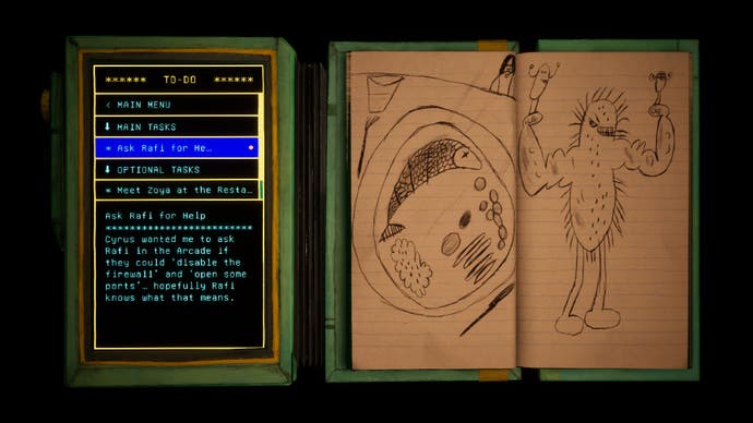 Harold Halibut-Screenshot mit der To-Do-Liste im Spiel