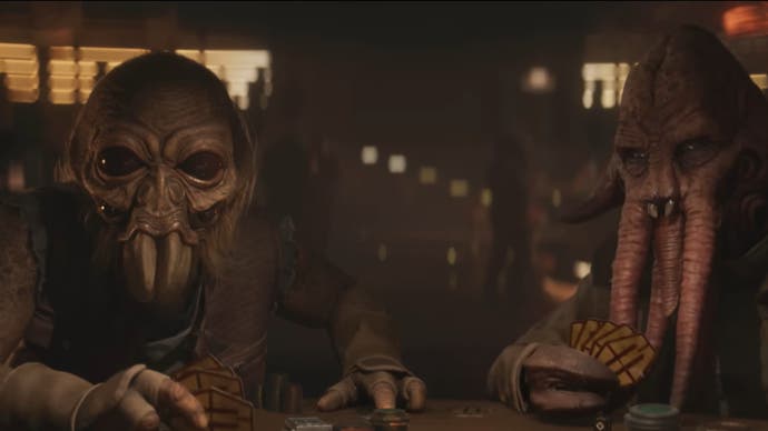 Star Wars Outlaws-Screenshot, der einen Quarren und einen Aqualish zeigt, die Sabacc spielen