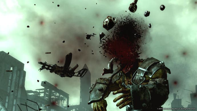 Ein Screenshot von Fallout 3, der den explodierenden Kopf eines Supermutanten zeigt.
