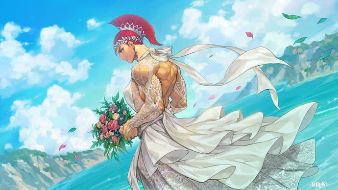 Marisa in Street Fighter 6. Sie trägt ein Hochzeitskleid, ihren römischen Helm und einen Blumenstrauß in der Hand.