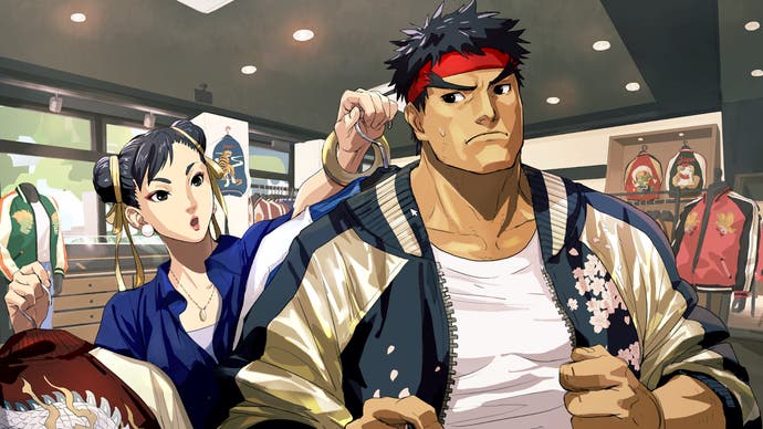 Chun Li und Ryu in einem Bekleidungsgeschäft in Street Fighter 6. Ryu sieht unbehaglich aus.