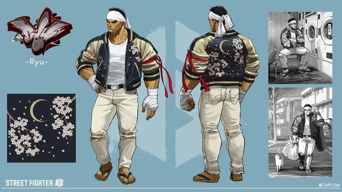 Ryu in seiner Straßenkleidung in Street Fighter 6. Dies scheint ein Moodboard für den Charakter zu sein.