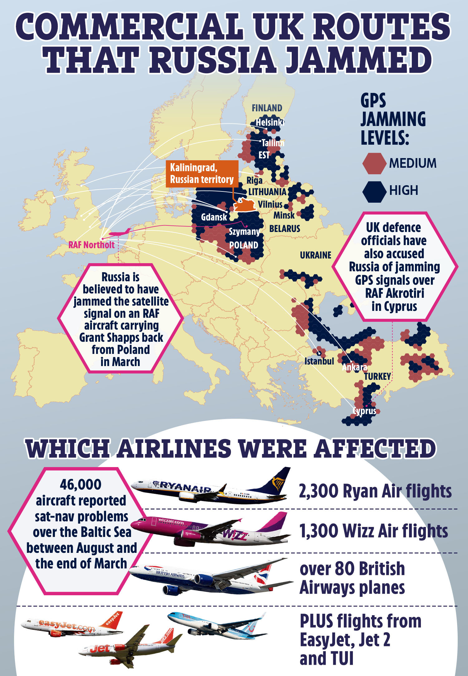 Eine Karte mit den Flügen, bei denen mutmaßlich russische Störungen stattgefunden haben