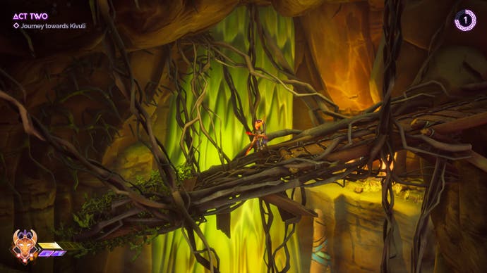 Tales of Kenzera-Screenshot, der die Hauptfigur zeigt, wie sie durch verdrehte Äste im giftigen Sumpf läuft