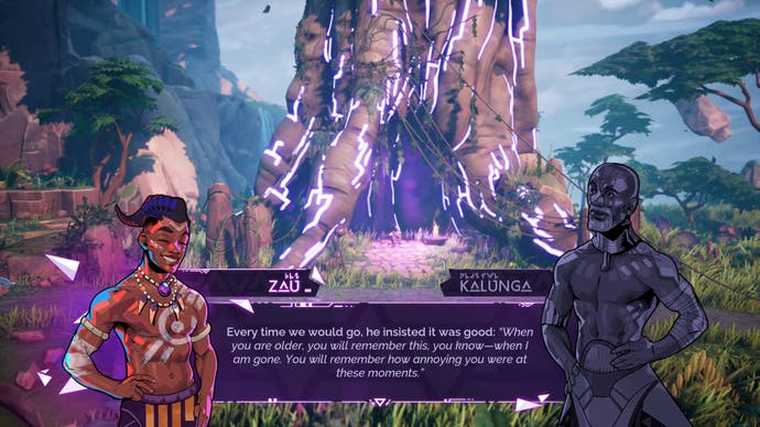 Screenshot von Tales of Kenzera, der die Hauptfigur in einem magischen Baum zeigt, mit animierten Porträts und einer Geschichte