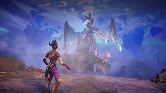 Screenshot von Tales of Kenzera, der die Hauptfigur zeigt, wie sie auf einen riesigen Sturmvogel am Himmel blickt