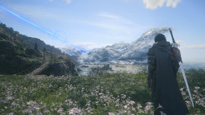 Screenshot von Final Fantasy 16, der Clive in einem Feld voller weißer Blumen zeigt und auf eine riesige Meereswelle blickt, die in Stasis gefangen ist