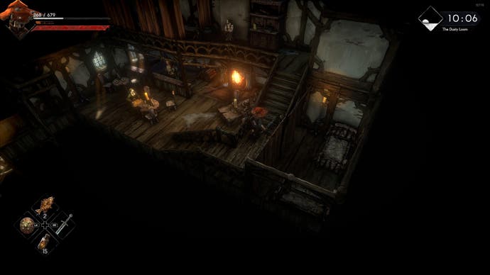 Ein Screenshot von „No Rest for the Wicked“, der zeigt, wie sich unser Held Zeit nimmt, sich in einem gemütlich aussehenden Gasthaus auszuruhen.