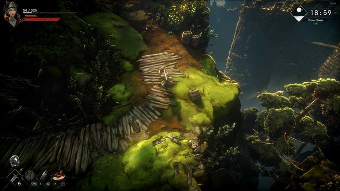 Ein Screenshot von „No Rest for the Wicked“, der unsere Heldin zeigt, wie sie einen Plankenweg in einem sonnenbeschienenen Wald entlang geht.
