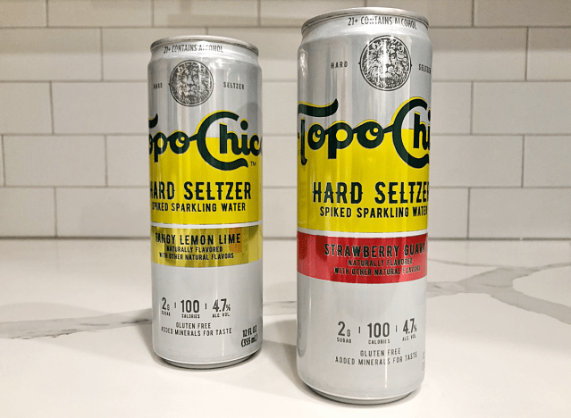 topochico seltzer cans on a counter.