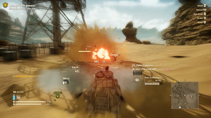 Sand Land Review 2 – Sand Land-Screenshot eines Panzers, der auf Feinde schießt