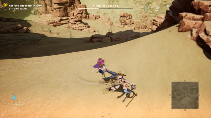 Sand Land Review 8 – Sand Land-Screenshot von Beelzebub, der einen Miniboss herumwirbelt