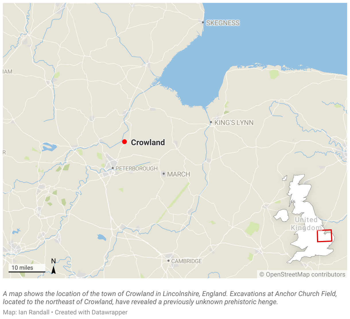 Eine Karte zeigt die Lage der Stadt Crowland in Lincolnshire, England.